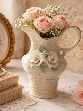 Cream Ceramic Bud Vase with Floral Appliqué and Gold Trim